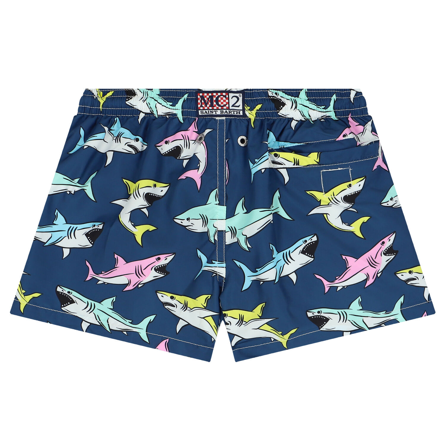 Boys Navy Blue Sharks Swim Shorts, 1, hi-res